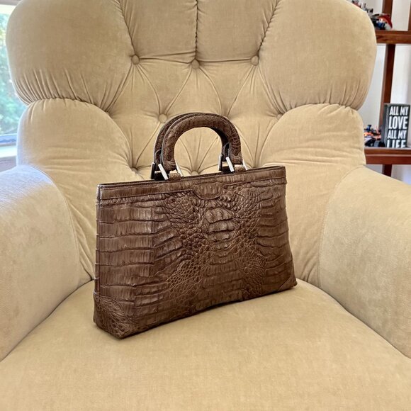 VTG Auth. EILEEN KRAMER Genuine Caiman Crocodile Brown Slim Satchel Bag - Picture 1 of 6
